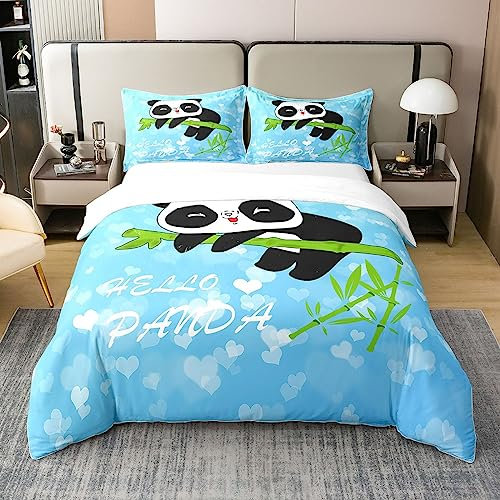 Loussiesd Netter Panda 100% Baumwolle Bettwäsche Set 135x200cm Mädchen Blau Cartoon Panda Blau Bettbezug Set für Kinder Jungen Mädchen Kawaii Panda Betten Set Tier Bettwäsche
