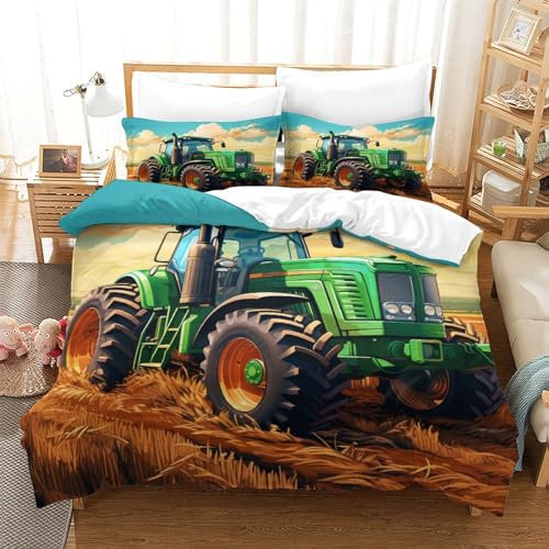 GNMRTFEAE Traktor Bettwäschegarnitur Bettbezug Set Für Kinder Mädchen Jungen Motive Weich Microfaser Reissverschluss Und Kissenbezüge Bettwäsche 3 Teilig Super King(260x220cm)