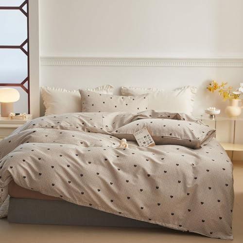 Freyamy Bettwäsche 200x220cm 3teilig Khaki Braun Herz Kariert Wendebettwäsche Liebe Gitter Bettwaren-Sets 100% Microfaser Mädchen Bettbezug mit Reißverschluss und Kissenbezug 80x80cm