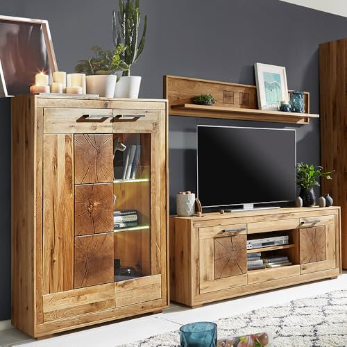 Lomadox Wohnmöbel Set Wohnwand Wildeiche massiv geölt montiert 3-teilig Modern, Highboard, Wandboard, Lowboard