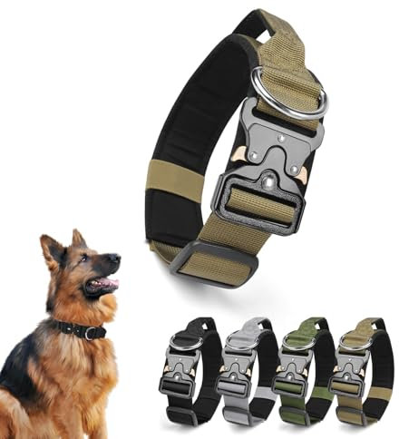 Ledeak Taktisches Hundehalsband mit Griff, Verstellbares Anti Zieh Breites Hunde Halsband Gepolstert, Dog Collar mit Metallschnalle erziehungshalsband für Hunde (Khaki, XL)