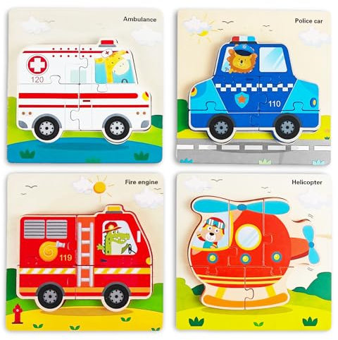 4 Pack 3D Wooden Jigsaw Puzzle for Kids, Wooden Puzzles Toys for 1-3 Year Old Boys Girls Birthday Gift for 1-3 Year Old Toddlers Kids Education Toy Age 1 2 3 Baby Children (Traffic)