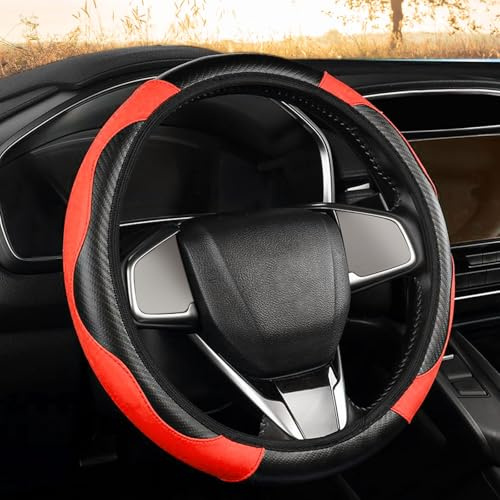 XNIVUIS Lenkradabdeckung, Lenkradbezug Auto, Mikrofaser Leder Auto Lenkradbezug, Lenkradschutz in Universal Größe 37-38 cm, Anti Rutsch, Steering Lenkradschoner für Zubehör (Rot)