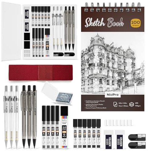 Nicpro 26-teiliges Kunst-Zeichenzubehör-Set, Druckbleistifte-Set, 0,5, 0,7, 0,9 und 2 mm, 100 Blatt Skizzenbuch, 172 Minen-Nachfüllminen, Schulbedarf, Geschenke für Künstler, Erwachsene, Teenager