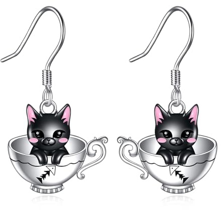 Boucles d'oreilles pendantes en forme de chat noir - En argent sterling 925 - Cadeau pour femme