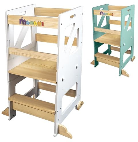 MAMAMI® Montessorianischer Turm für Kinder, Lernturm mit verstellbarer Höhe, Kippschutz auf allen Seiten, rutschfest, robust aus Kiefernholz, 48 x 45 x 90 cm (Weiß/Naturholz)