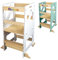 MAMAMI® Torre Montessoriana per Bambini, Torre di Apprendimento con Altezza Regolabile, Anti-Ribaltamento su tutti i lati, Antiscivolo, Resistente in Legno di Pino, 48x45x90 cm (Bianco/Legno naturale)