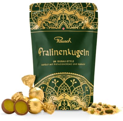 Rausch Pralinenkugeln Dubai Style, 12 edle Pistazien Pralinen, 120g | Dubai Pralinen umhüllt von zartschmelzender heller Schokolade, cremige Pistazienfüllung, knuspriges Kadayif
