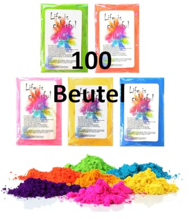 h2i Holi Pulver Neon UV | 100 Beutel x 70 g | 7.000 g | 5 Farben | 100 UV Farbbeutel mit leuchtenden Neon Farben | für Festivals Fotoshooting Baby-Shower Party-Foto Fun & Action