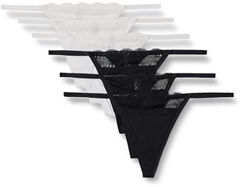 Amazon Essentials String Ficelle en Microfibre avec Bordure en Dentelle Femme, Lot de 6