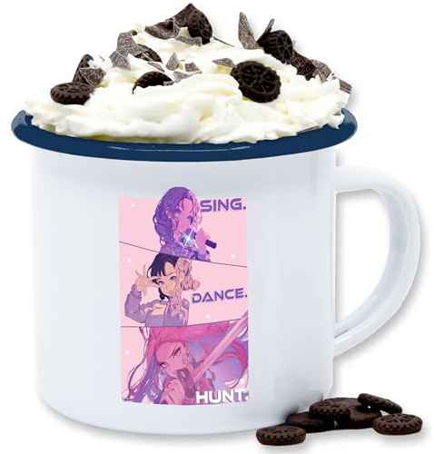 Emaille Tasse Blechtasse - Anime - Sing. Dance. Hunt. - Kostüm K-Pop Merch - 300 ml - Weiß Blau - animation kpop geschenk k pop geschenke hunters dämon jäger dämonhunter. dämonen