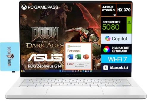 ASUS ROG Zephyrus G14 AI Gaming Laptop 14.0 2.8K (AMD Ryzen AI 9 HX 370, GeForce RTX 5080 16GB, 32GB LPDDR5X, 4TB PCIe SSD, Win 11 Pro) w/MS 365 Personal, DKZ USB Port Expander