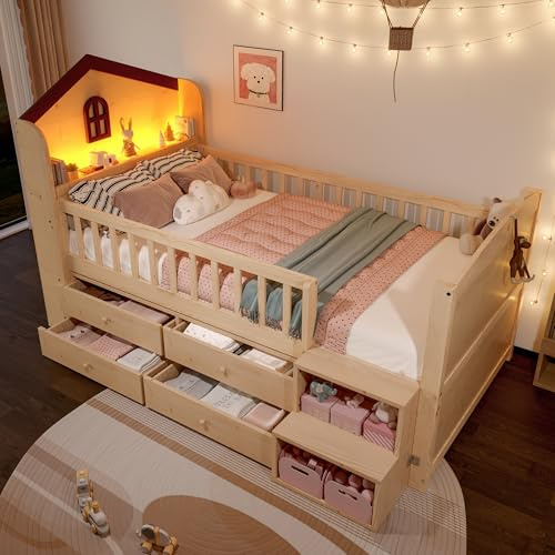 Soweiz Cama de media altura 90 x 200 cm, forma de casa, ventana, 4 cajones, barra de luz LED, escalera de almacenamiento, sin colchón, color natural