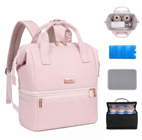 Nuliie Wearable Breast Pump Bag with Cooler Compartment, Double Layer Pumping Bag with Ice Pack, Breast Milk Cooler Travel Bag with Waterproof Mat, Fits 6 Baby Bottles up to 10 oz, Pink