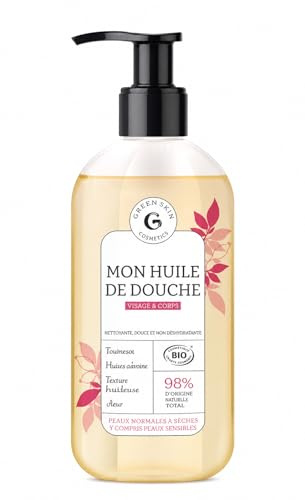 Huile de Douche Bio Visage & Corps – 98% d'Origine Naturelle – Peaux Normales à Sèches & Sensibles – Nettoyante, Douce & Non Desséchante – Flacon Pompe