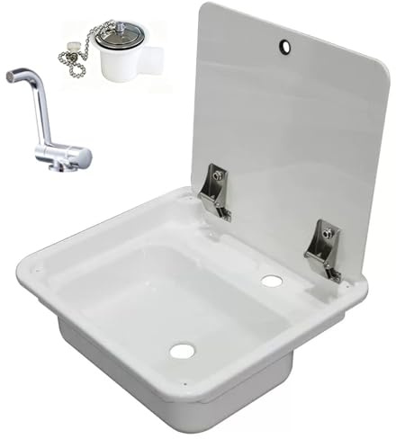 Fregadero Camper, Fregadero Pequeño de Acrílico, con Tapa y Grifo Plegable, para Caravanas, Barcos, Bares y Balcones, 44,5x40x14,5 cm