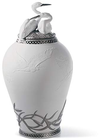LLADRÓ Deckelvase Königsreiher. Limitierte Auflage. Silber. Vase. Porzellan.