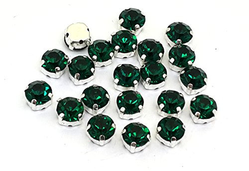 Pack of 100 Stunning Quality Sew on Glue on Point Back Glass Rhinestones in Flat Back Silver & Gold Casings (ss25 (5mm), Emerald Green in Silver Casing)