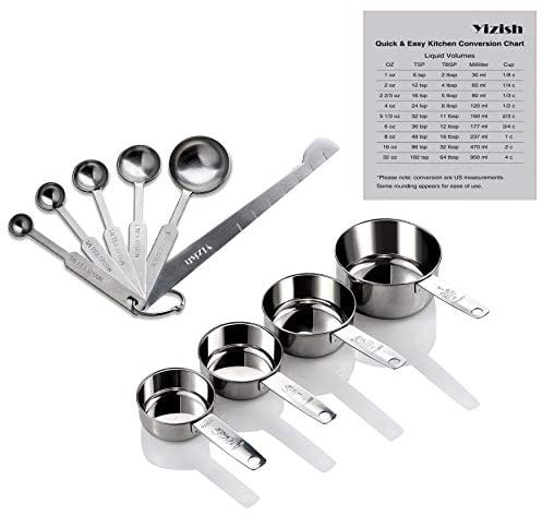 Yizish Edelstahl Messbecher und Löffel mit Meßlineal, Küche Umrechnungstabelle Set von 10 Für Trockene und Flüssige Zutaten