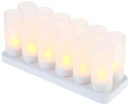 Decdeal Led Candles Rechargeable Flameless Candle Battery Flickering Candles with Frosted Cups Charging Base Yellow Light AC100-240V (12pcs)