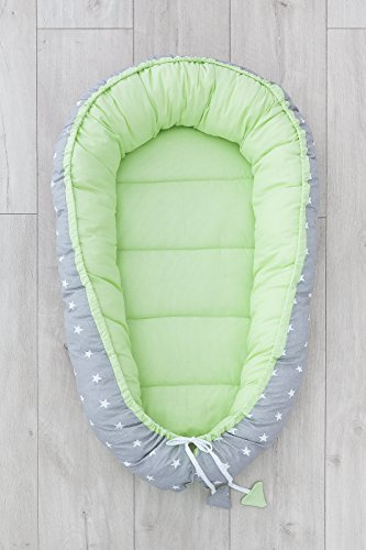 LOOLAY Babynest 85 cm x 60 cm - Nestchen Baby 2 Seitig -Baby nestchen Tragbar Nest aus Baumwolle OEKO-TEX (Sternchen grau/Grün)