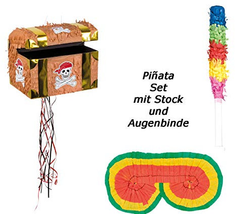 Set Zugpinjata Schatztruhe Piñata Kindergeburtstag Pinata + Stab + Augenmaske