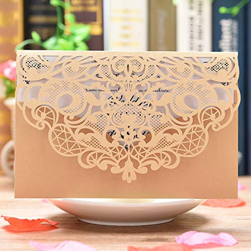 CYSKY Hochzeit Einladungskarte 50 Pack Laser Cut Rechteck Einladungen Kit mit leerem bedruckbarem Papier und Umschläge für Hochzeit Geburtstag Graduation (Gold)