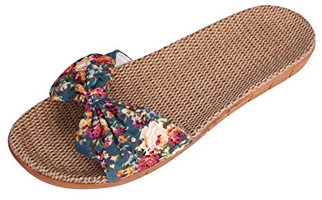 Sandales Plates Femmes Tongs à Bout Ouvert en Lin Antidéparant Chaussons d'Intérieur Maison Bureau Plancher Pantoufles Eté Respirant avec Papillon de N½uds Mignon Slippers pour Plage Piscine Douche