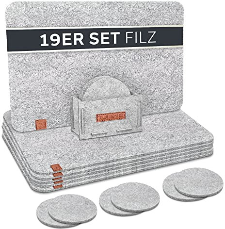 TULENO® Tischset Filz grau 19-teilig - Platzdeckchen abwaschbar inkl. Untersetzer - Platzsets abwaschbar als Tischuntersetzer & Tischunterlage Esstisch - Tischsets rutschfest - Platzset abwischbar