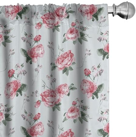 ABAKUHAUS Rose Vorhänge, Gardinen, Rosa Blüten-Englisch Flora, Fensterbehandlungen für Wohnzimmer Schlafzimmer Dekor, 2 Stück 75 cm b x 225 cm h,Reseda Grün