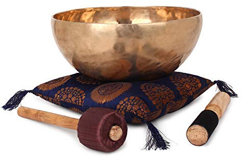 Ajuny Himalaya-Klangschale mit Klangheilung, Meditation, handgehämmert, einfarbig, goldene Bengalischalen mit Kissen, Schlägel und Trommelstöcken, Durchmesser 28 cm