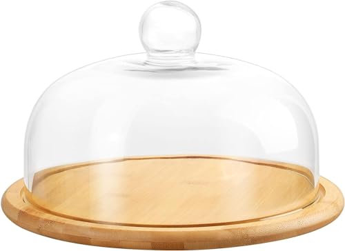 Wooden Cake Stand with Dome,Cake Stand Display Dome Wooden Tray with Glass Cover Glass Dome with Wooden Base Cloche Clear Glass Bell Jar Wood Cake Display Tray (L)