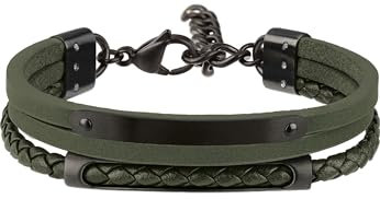 BREIL - Herrenarmband Kollektion B Mix TJ3089 - Herrenschmuck - Grünes Leder- und Stahlarmband für Herren, mit drei Schlaufen um das Handgelenk - Verstellbare Länge von 17 cm bis 23 cm