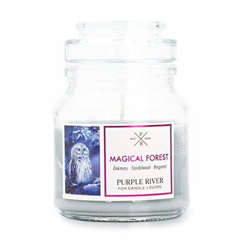 Purple River kleine Duftkerze im Glas mit Deckel | Magical Forest | Duftkerze Sandelholz | Sojawachskerze | Raumduft für Zuhause | Geschenke für Frauen
