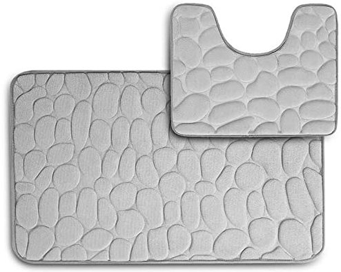 DIVCHI Non Slip Bath Mat Set - 2 Piece Thickened Bathroom Mat Set - Extra Absorbent 100% Memory Foam Bath Mat (80 x 50cm) and Pedestal Toilet Mat (50 x 40cm U Shape) (Grey)