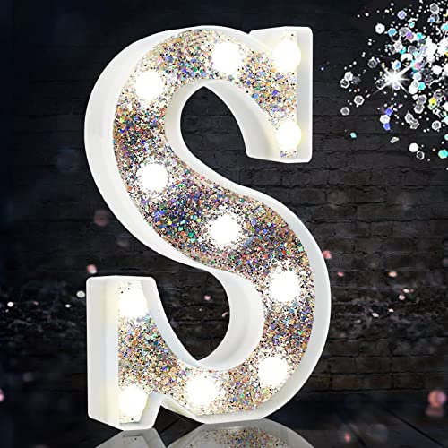 LED Marquee Letter Lights, Light Up Silver Letters for Bedroom Glitter Gifts for Teenage Girls Alphabet Letter Sign Battery Powered Night Light Birthday Party Wedding Home Decoration, Silver Letter S