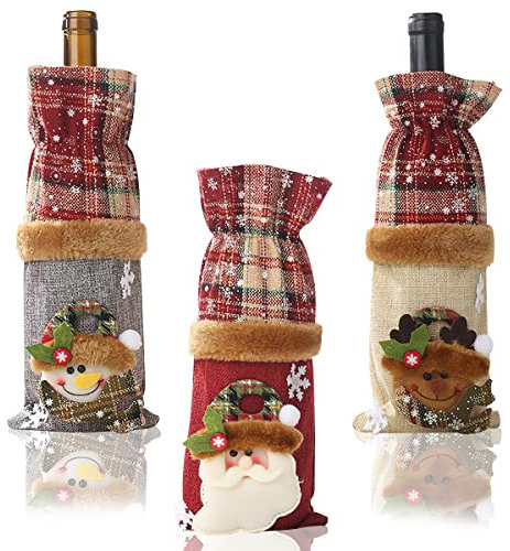 Funda Navideña para Botella Vino, FainFun 3 Piezas 28*13CM Cubierta Linda de Botella Vino Navidad, Decoración Cubierta Botella Vino de Arpillera, Bolsas Botellas Vino Navideñas para Decoración de Mesa