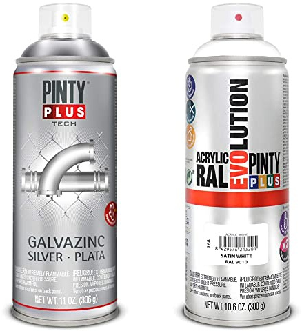 PINTYPLUS TECH - Pintura spray galvanica 520cc. Plata G150/738 + Pintura spray Acrílica Satinada 520cc Satin white Ral 9010