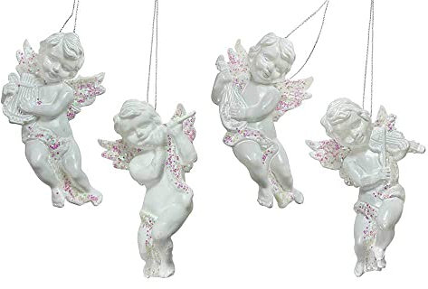 zeitzone Christbaumschmuck Engelchen mit Instrument 4er-Set Weiß Glitzer Weihnachtsdeko