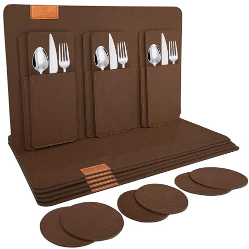 shinfly Tischsets Abwaschbar Platzsets aus Filz 18er Set, Abwischbar Tischsets, Hitzebeständig rutschfest Platzdeckchen mit Untersetzer, BestecksäCken für Küche, Speisetisch, 44x31cm 【Dunkelbraun】