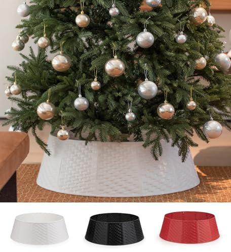 Round Christmas Tree Skirt - Sturdy & Durable Christmas Tree Collar - 9.1 H 22.8 Top & 28 Base Diameter Woven Design Xmas Tree Skirt - 12 Pieces Plastic Ring for Artificial or Real Trees - White