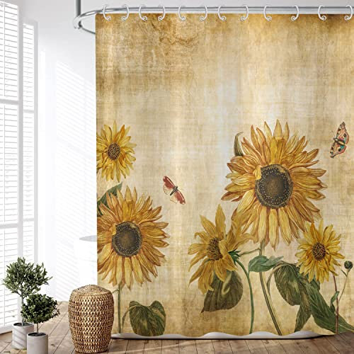ASDCXZ Tenda da doccia con fiori vintage, 180 x 180 cm, retro sfondo giallo, motivo girasole, impermeabile, in tessuto, lavabile, tenda da doccia con 12 tende da doccia Hake