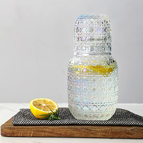 BFYDOAA Jarra de agua para mesita de noche con vaso de vidrio, jarra de cristal y vaso para beber para habitación de invitados, oficina, dormitorio, baño