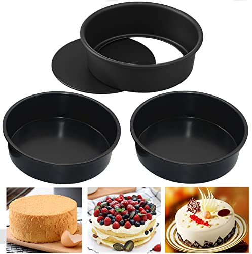 EGEN Round Cake Tin Loose Base Baking Tin, Carbon Steel Non-Stick Wedding Christmas Birthday Cake Baking Pan with Removable Bottom Round Cake Pan Set (Black 8Inch-3Pcs)