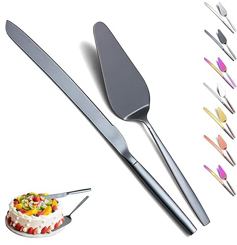 Evanda Couteau à gâteau de mariage noir et ensemble de serveur, découpe à gâteau en titane noir, serveur à tarte pour tous les jours, mariage et anniversaires, lavable au lave-vaisselle