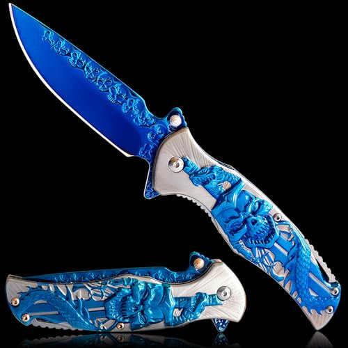 MADSMAUG Taschenmesser, cool Klappmesser mit 3D Titanplattiert Prägen Reliefgravur, gute Weihnachten Geschenk Edc Messer für Männer Outdoor Überleben Camping (blau)