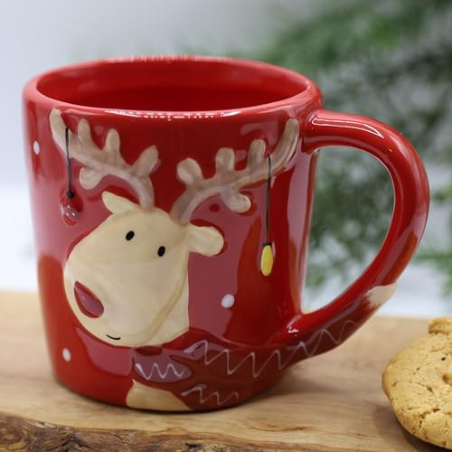 Fyne-Finds Ceramic Red Reindeer Mug 300ml Coffee Tea Cup Christmas Novelty Table Decor Xmas Gift