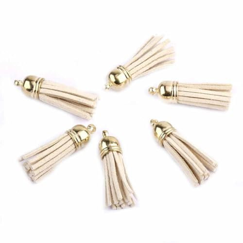 SHTGOI 20 Stück Leder Quaste 3CM Klein Wildleder Quaste mit mit Goldener Kappe Kunstleder Schlüsselanhänger Taschenanhänger Troddel Anhänger für DIY Tasche Schmuck Basteln Charm Zubehör Khaki