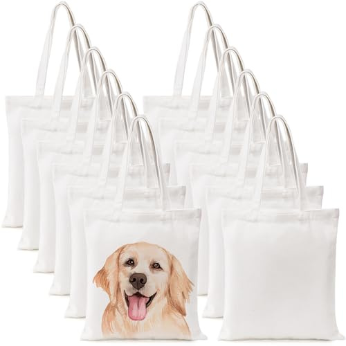 DEAYOU 12 Pack Canvas Tote Bag, 13 x 14 Sublimation Blank Cotton Cloth Bags, White Reusable Grocery Bags with Handles for Shopping, DIY Crafting, Heat Transfer, Beach, Gift, Activity(33×36 cm