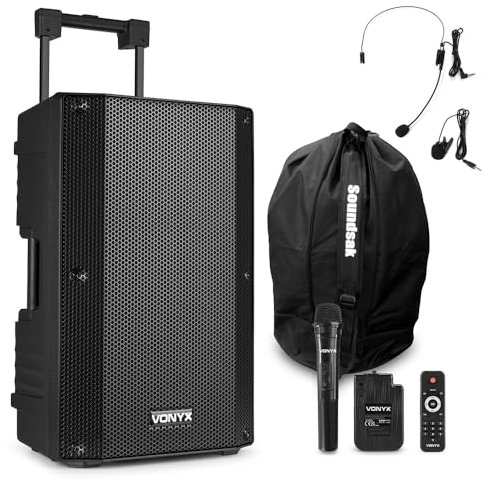 VONYX VSA500-BP Portable PA System with Wireless Microphones, Bluetooth Battery Powered 12-Inch Speaker, Headset, Lapel Mic & SoundSak Bag – Ideal for Music, Fitness, Busking & Speeches